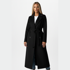 Belted Double-Breasted Long Coat - Black - on model