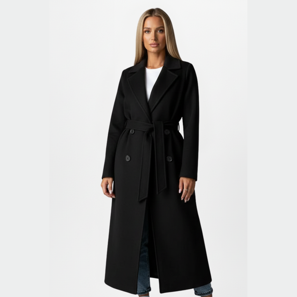 Belted Double-Breasted Long Coat - Black - on model