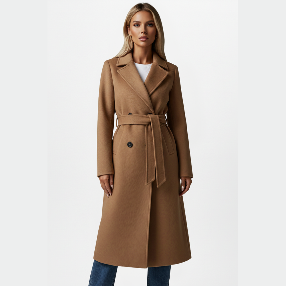 Belted Double-Breasted Long Coat - Camel - on model