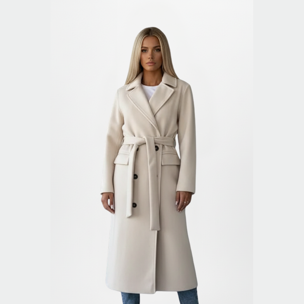 Belted Double-Breasted Long Coat - Cream - on model