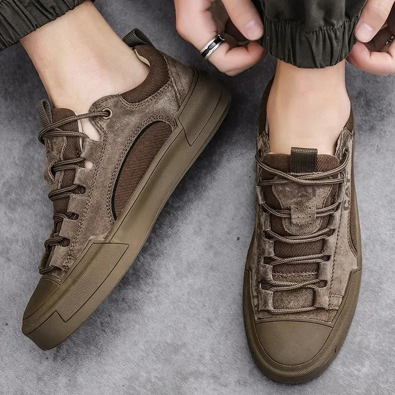 Men's Leather Mesh Sneakers | Cushioned Breathable Urban Trail Street Shoes
