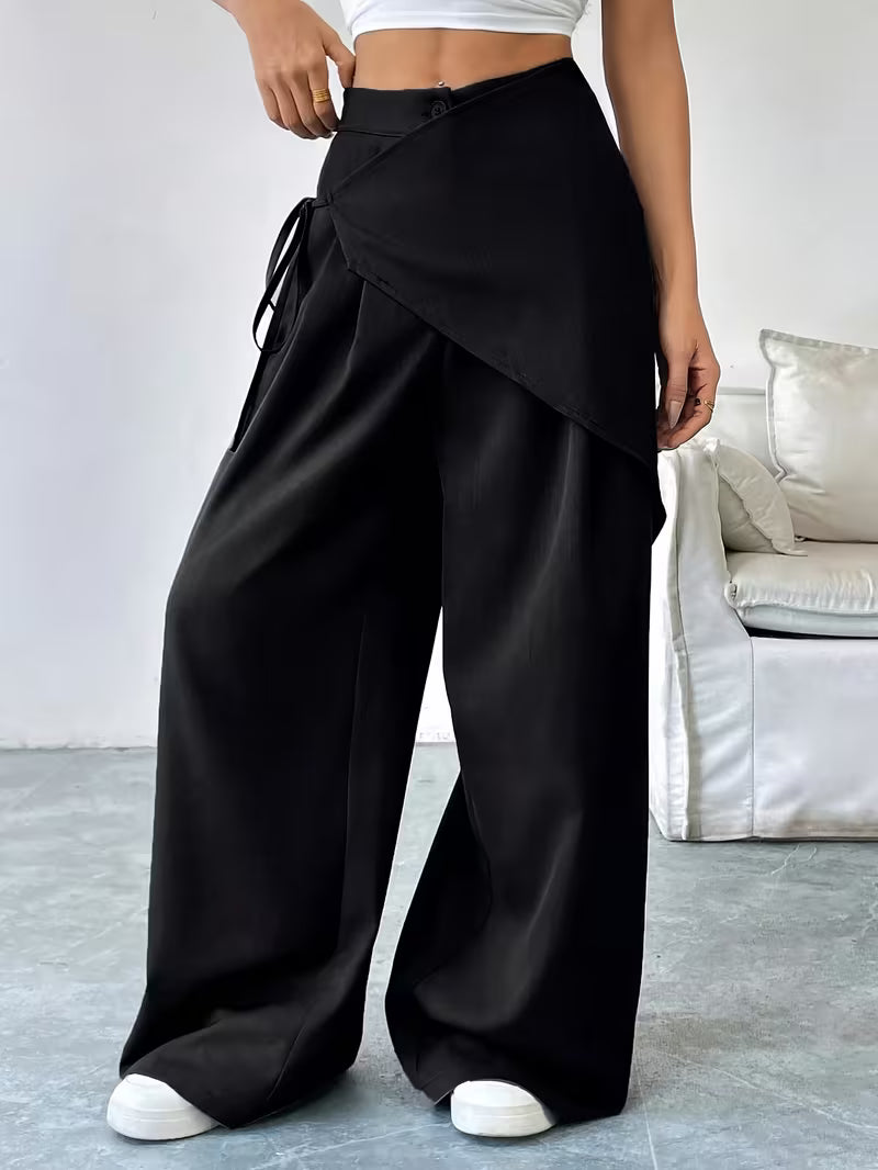 Women's High-Waisted Wrap Front Wide-Leg Pants | Lightweight Cotton Blend Pants