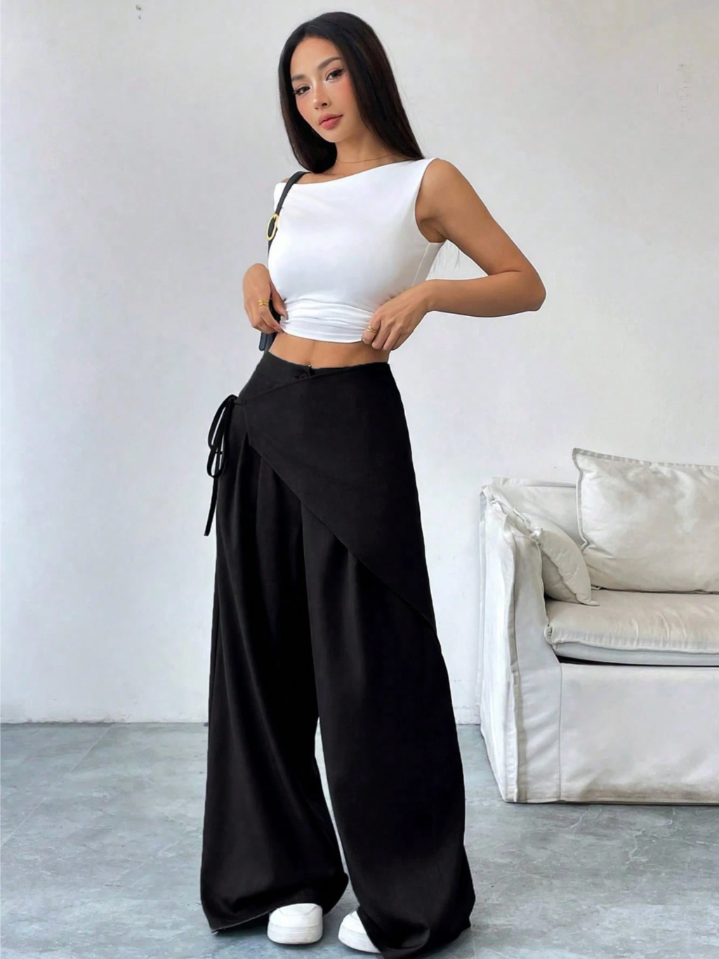 Women's High-Waisted Wrap Front Wide-Leg Pants | Lightweight Cotton Blend Pants