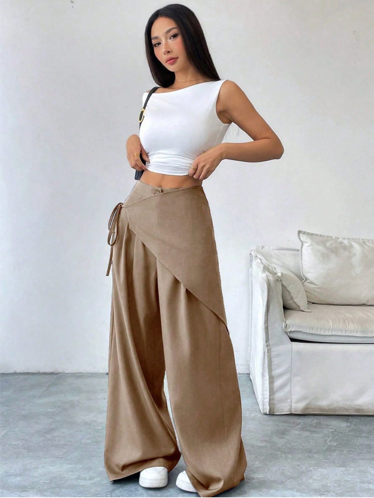 Women's High-Waisted Wrap Front Wide-Leg Pants | Lightweight Cotton Blend Pants