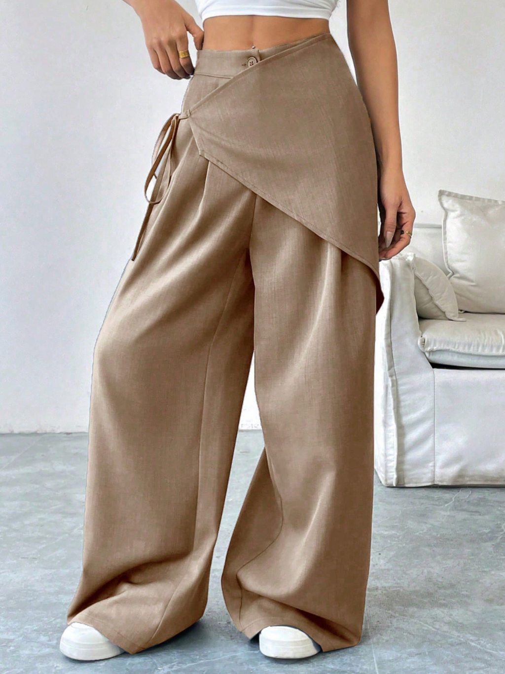 Women's High-Waisted Wrap Front Wide-Leg Pants | Lightweight Cotton Blend Pants