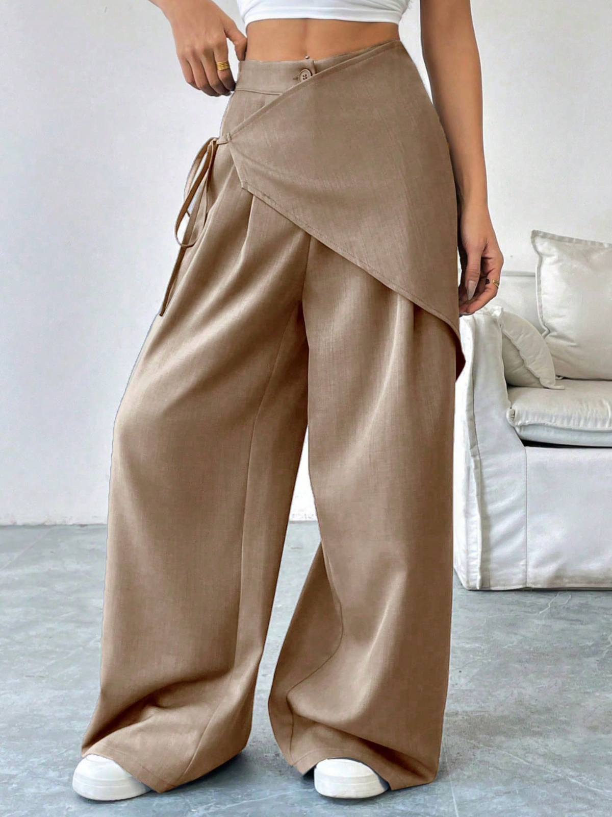 Women's High-Waisted Wrap Front Wide-Leg Pants | Lightweight Cotton Blend Pants