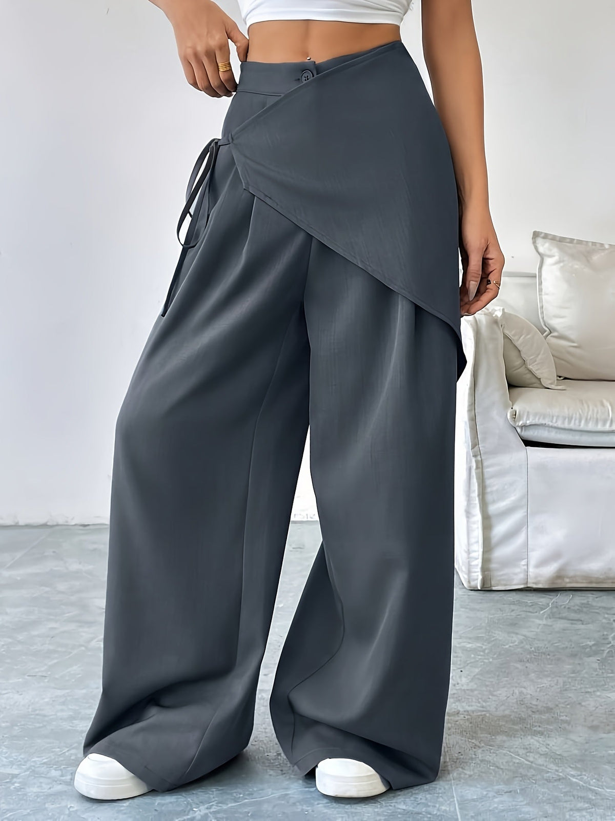Women's High-Waisted Wrap Front Wide-Leg Pants | Lightweight Cotton Blend Pants