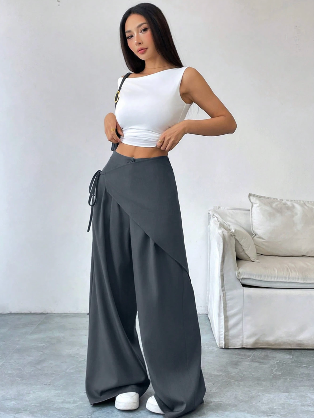 Women's High-Waisted Wrap Front Wide-Leg Pants | Lightweight Cotton Blend Pants