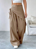 Women's High-Waisted Wrap Front Wide-Leg Pants | Lightweight Cotton Blend Pants