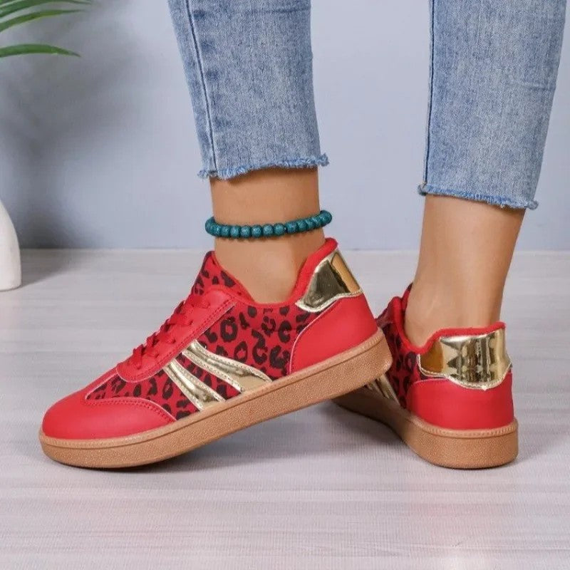 Leopard Print Retro Court Sneakers | Metallic Stripe Gum Sole Lace-Up Sneakers