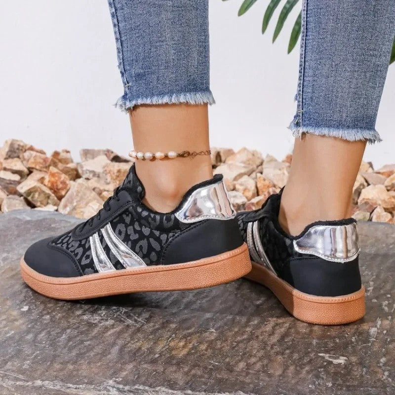 Leopard Print Retro Court Sneakers | Metallic Stripe Gum Sole Lace-Up Sneakers