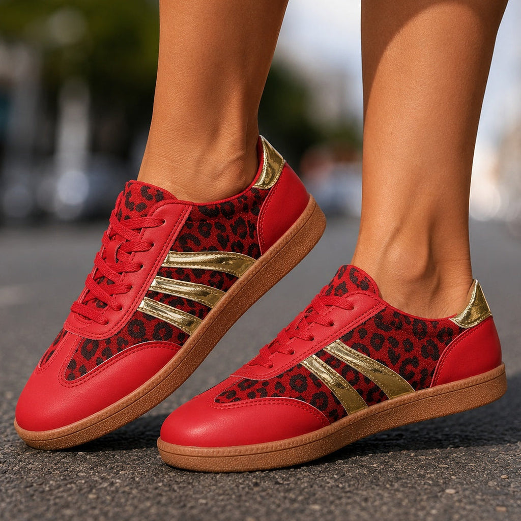 Leopard Print Retro Court Sneakers | Metallic Stripe Gum Sole Lace-Up Sneakers