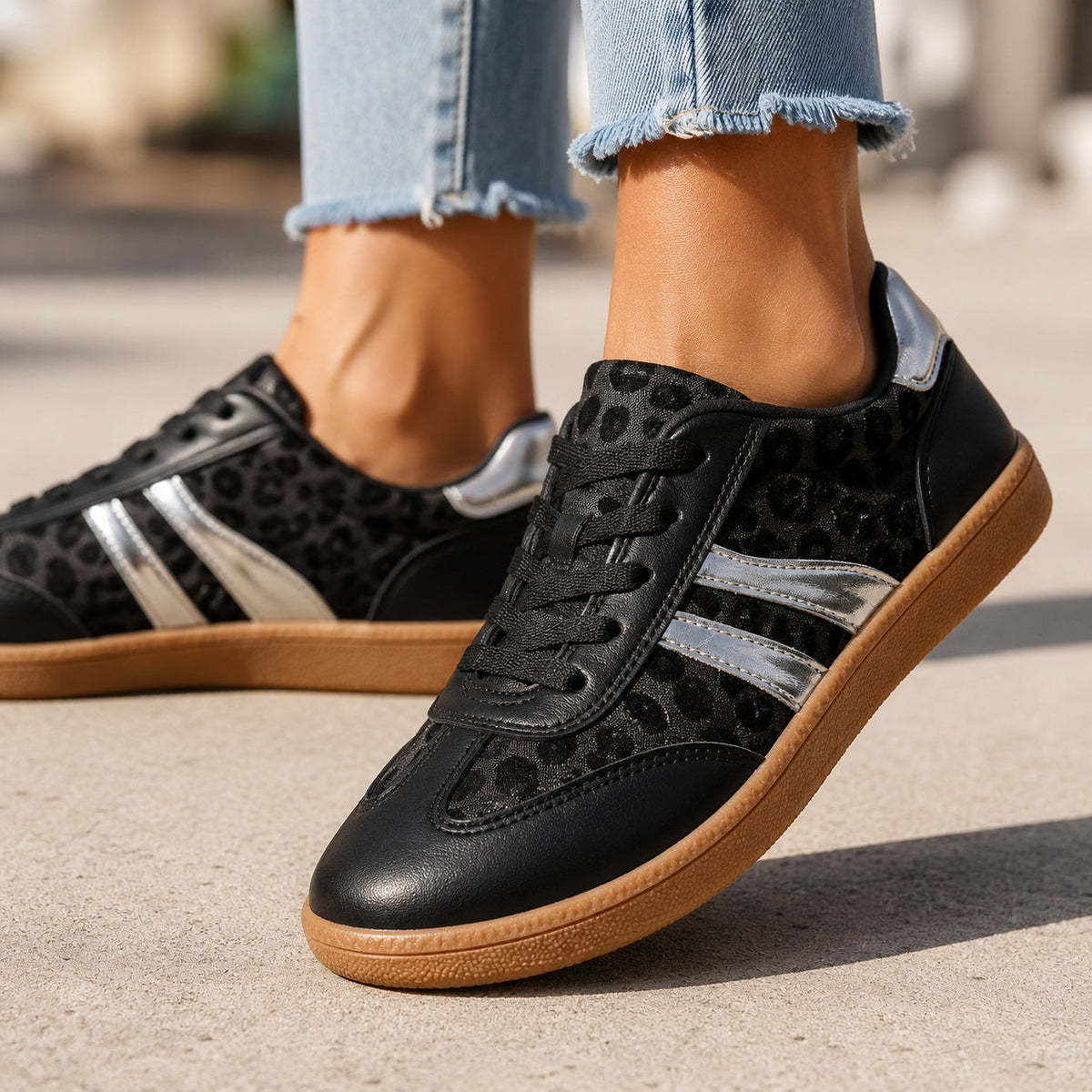Leopard Print Retro Court Sneakers | Metallic Stripe Gum Sole Lace-Up Sneakers