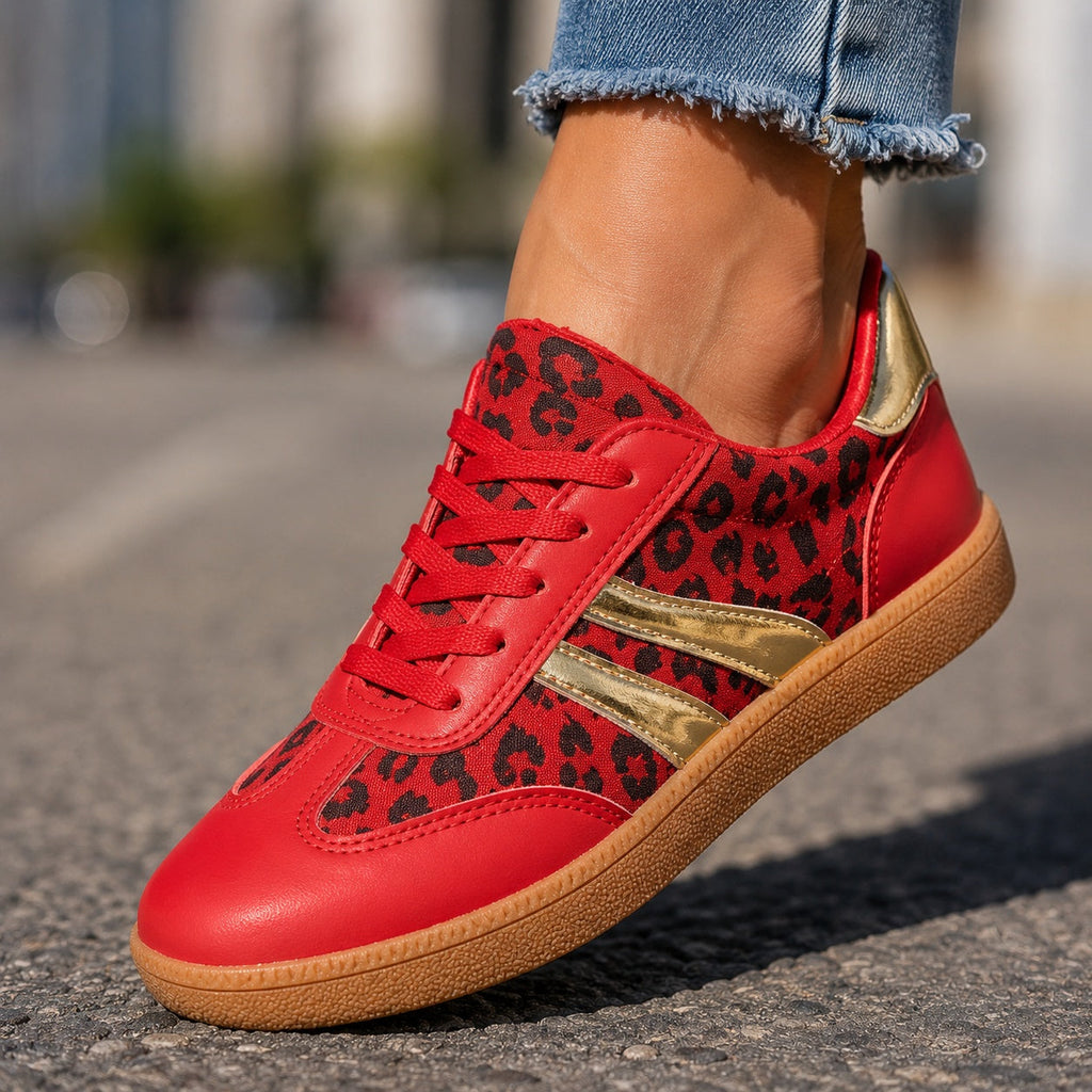 Leopard Print Retro Court Sneakers | Metallic Stripe Gum Sole Lace-Up Sneakers