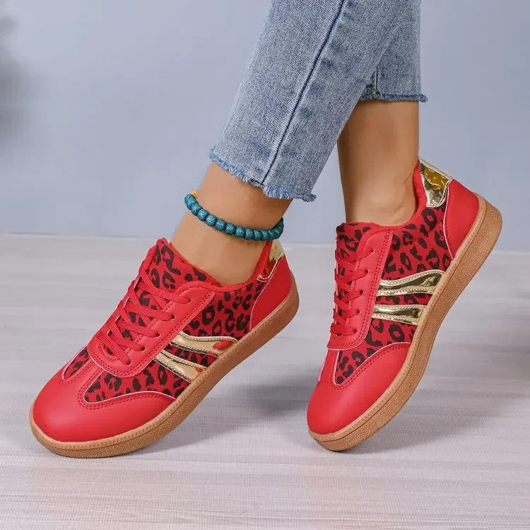 Leopard Print Retro Court Sneakers | Metallic Stripe Gum Sole Lace-Up Sneakers