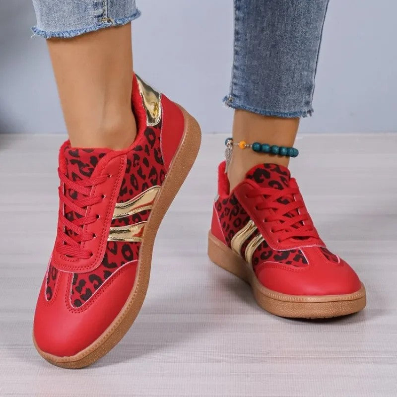 Leopard Print Retro Court Sneakers | Metallic Stripe Gum Sole Lace-Up Sneakers