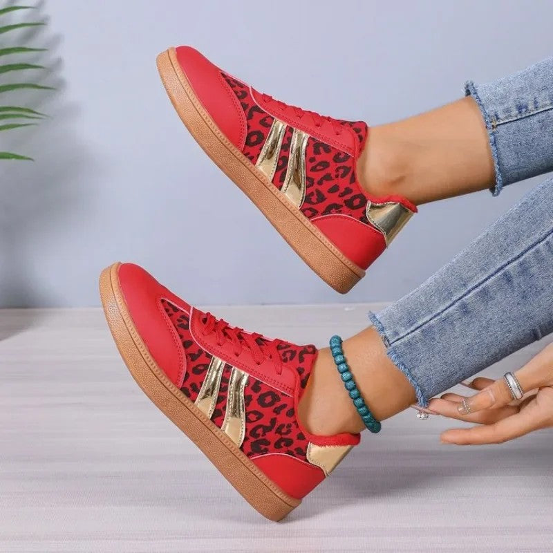 Leopard Print Retro Court Sneakers | Metallic Stripe Gum Sole Lace-Up Sneakers