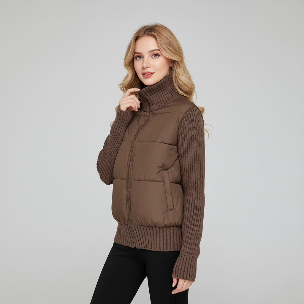 Knitted Sleeve Puffer Jacket With High Neck