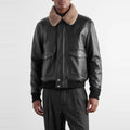 Men's Black Leather Bomber Jacket with Shearling Collar - on model