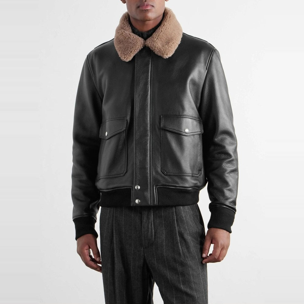 Men's Black Leather Bomber Jacket with Shearling Collar - on model