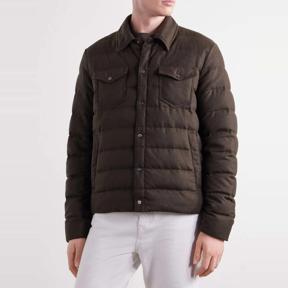 Men's Brown Quilted Flannel Down Jacket - on model