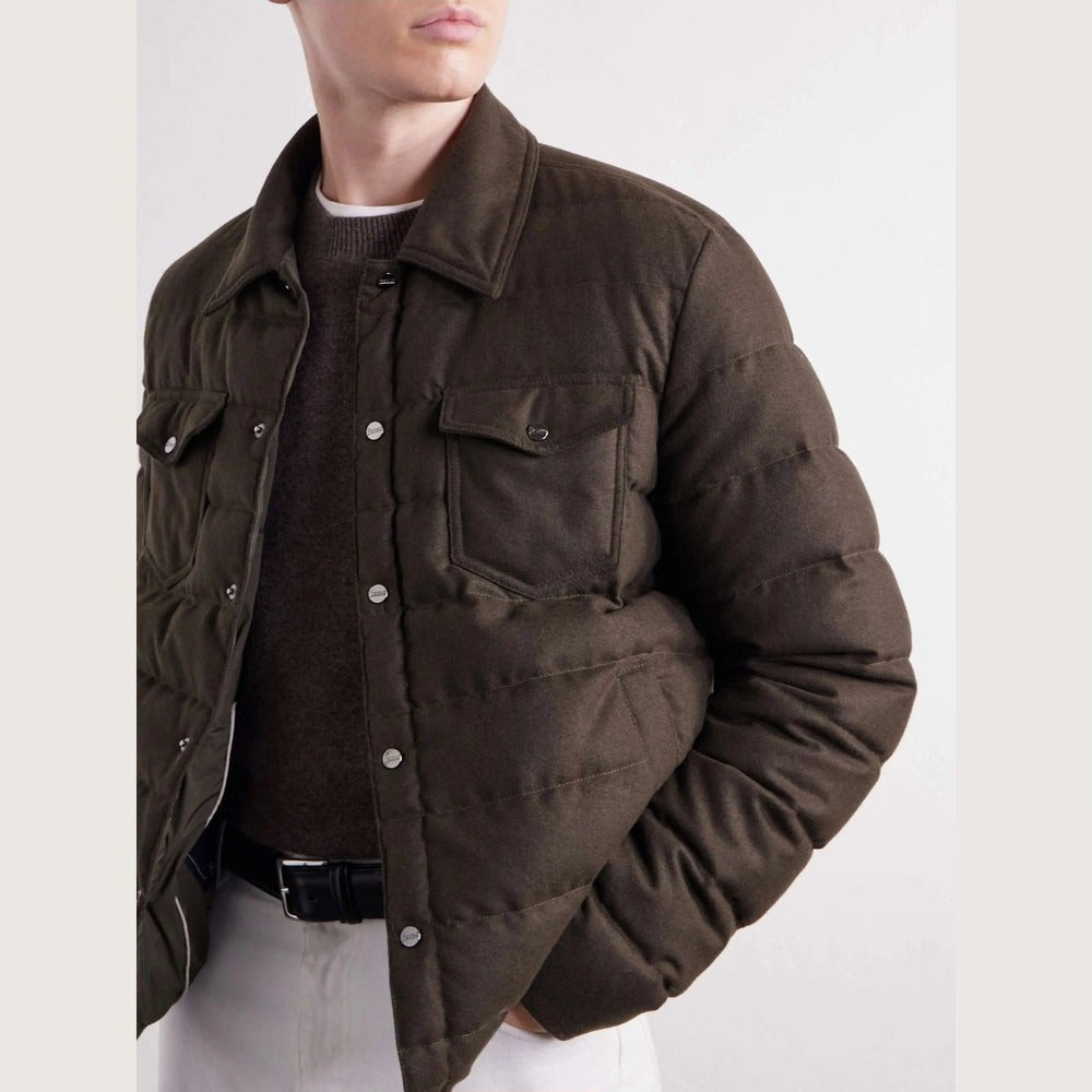 Men's Brown Quilted Flannel Down Jacket - on model