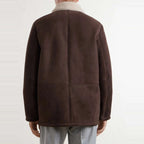 Men's Brown Suede Jacket with Cream Shearling Collar - on model