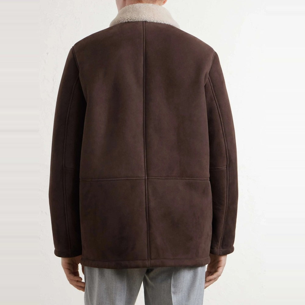 Men's Brown Suede Jacket with Cream Shearling Collar - on model
