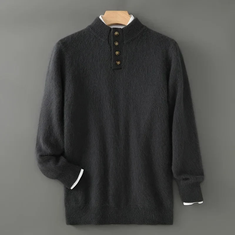 Men's Brushed Wool Sweater | Button Placket Pullover - Black