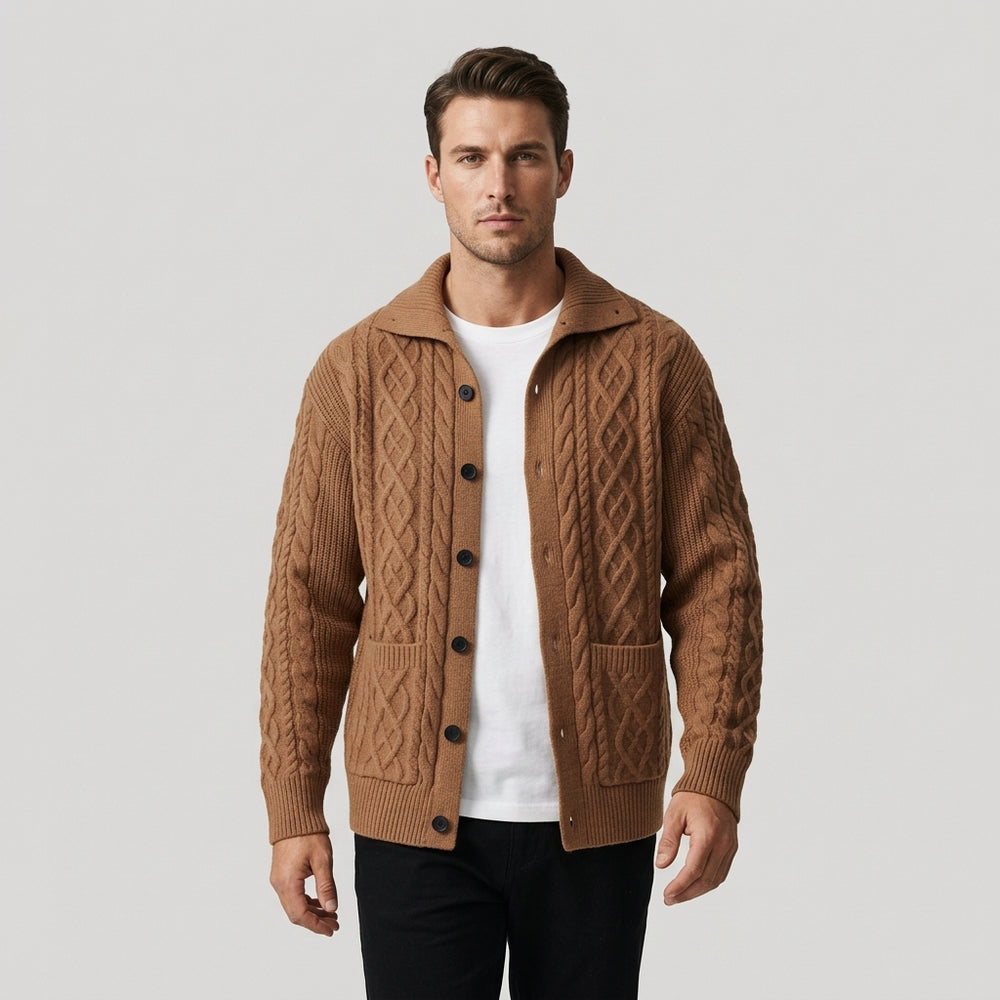 Men's Cable Knit Button-Front Cardigan - Sienna Brown - on model
