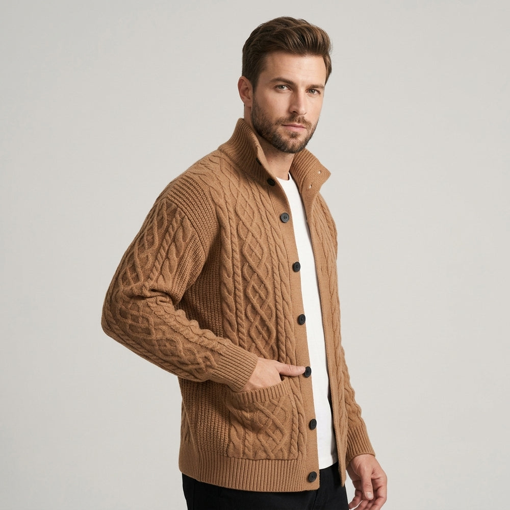 Men's Cable Knit Button-Front Cardigan - Sienna Brown - on model