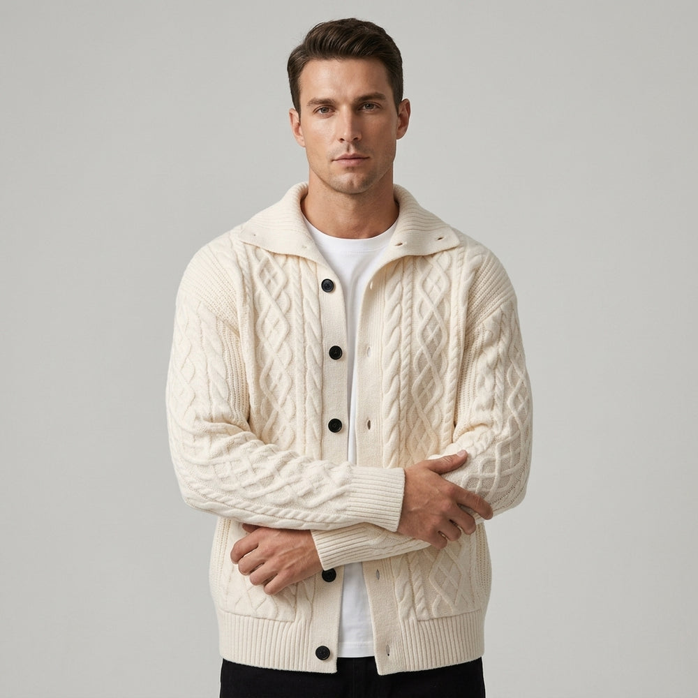 Men's Cable Knit Button-Front Cardigan - Beige - on model