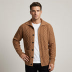 Men's Cable Knit Button-Front Cardigan - Sienna Brown - on model