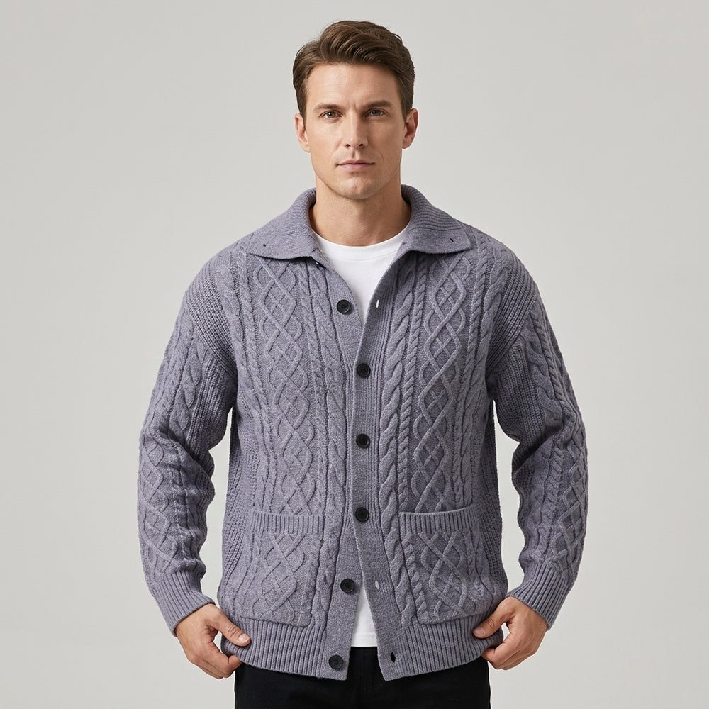Men's Cable Knit Button-Front Cardigan - Slate Gray - on model