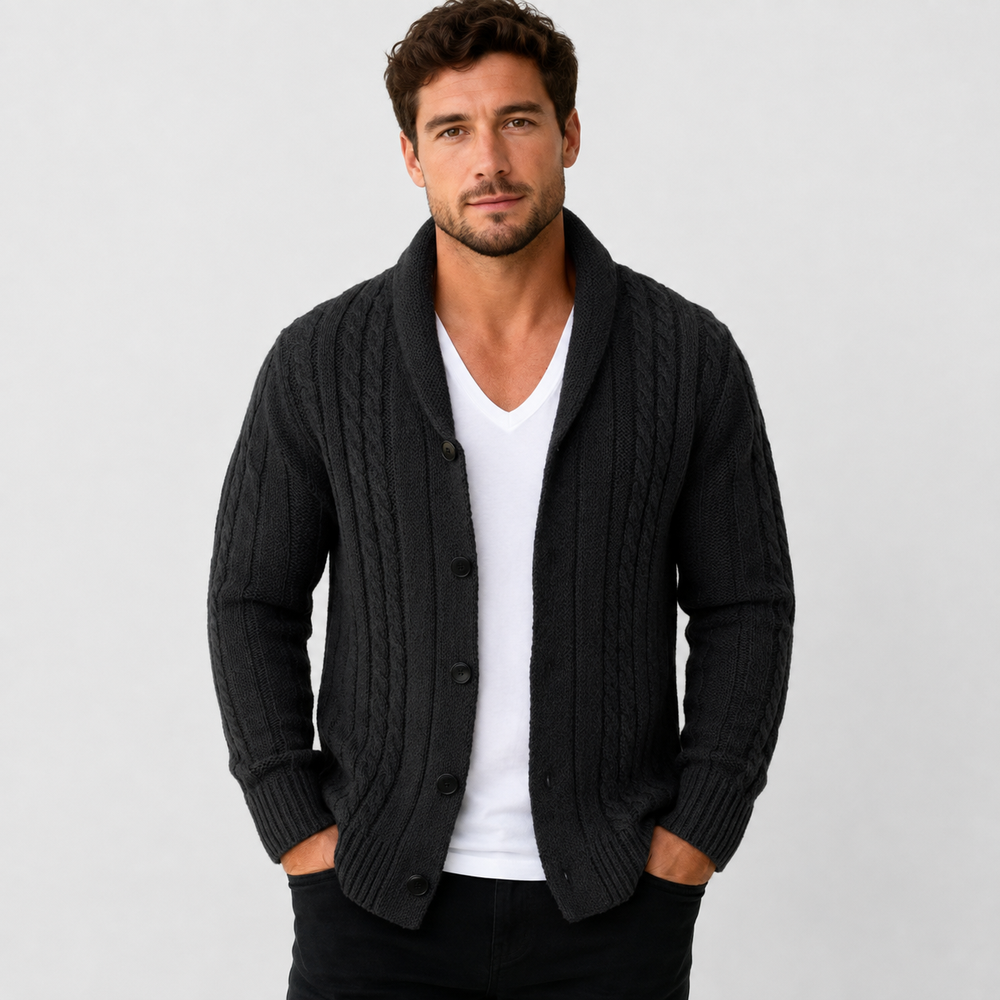 Men's Cable Knit Button-Front Cardigan - Black - on model