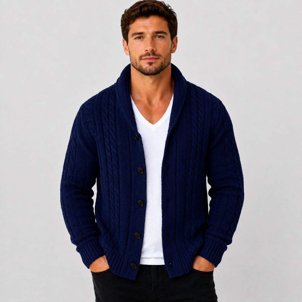 Men's Cable Knit Button-Front Cardigan - Navy Blue - on model