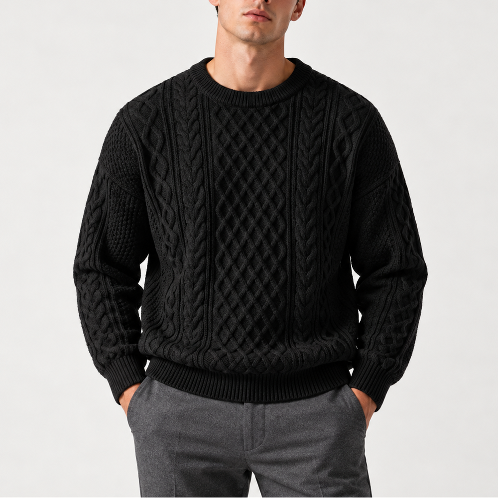 Men's Cable Knit Crew Neck Sweater - Black