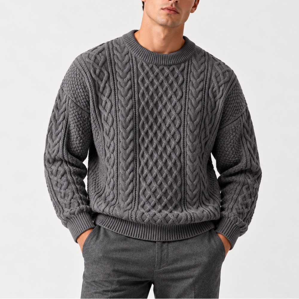 Men's Cable Knit Crew Neck Sweater - Grey