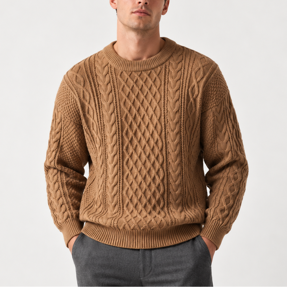 Men's Cable Knit Crew Neck Sweater - Light Brown