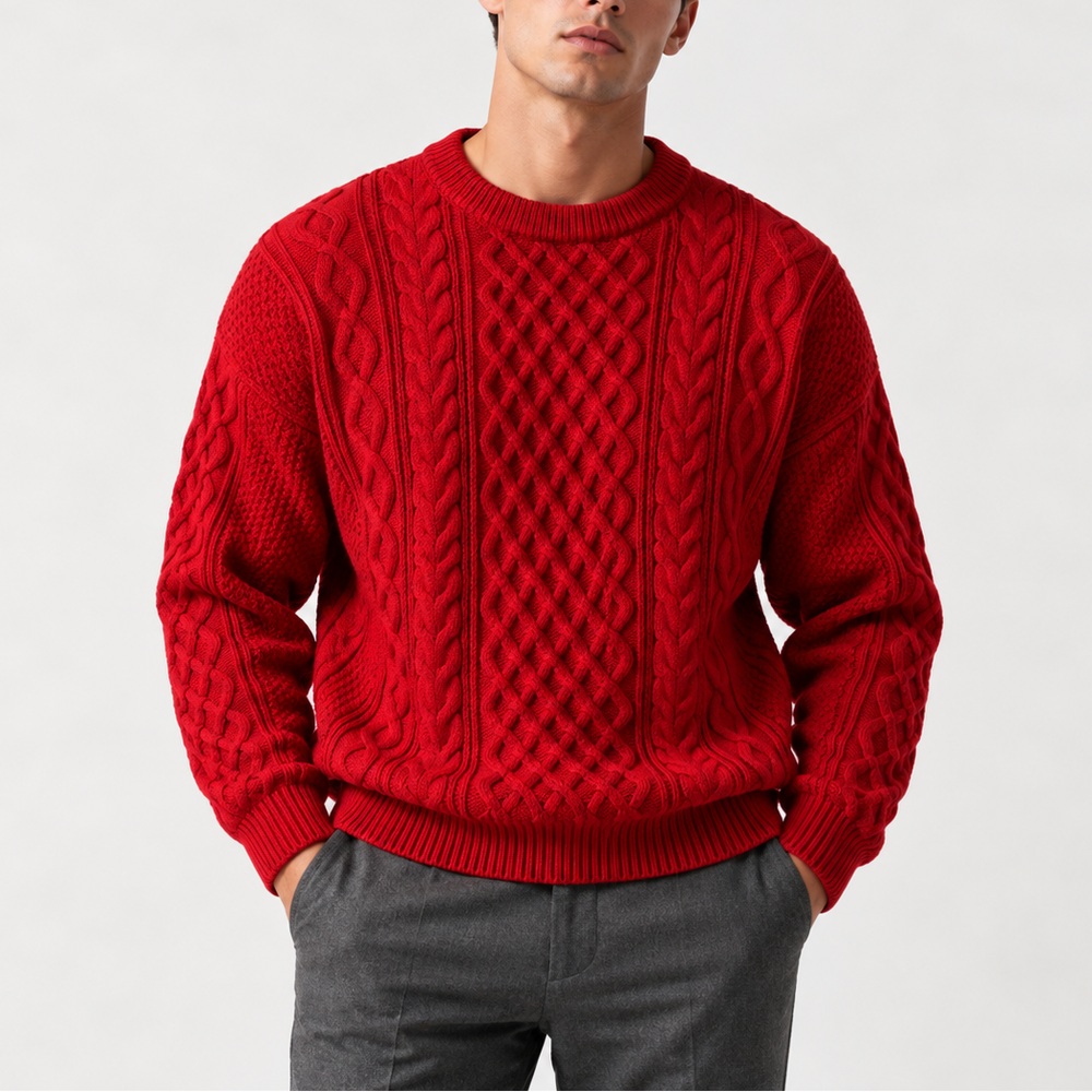 Men's Cable Knit Crew Neck Sweater - Red