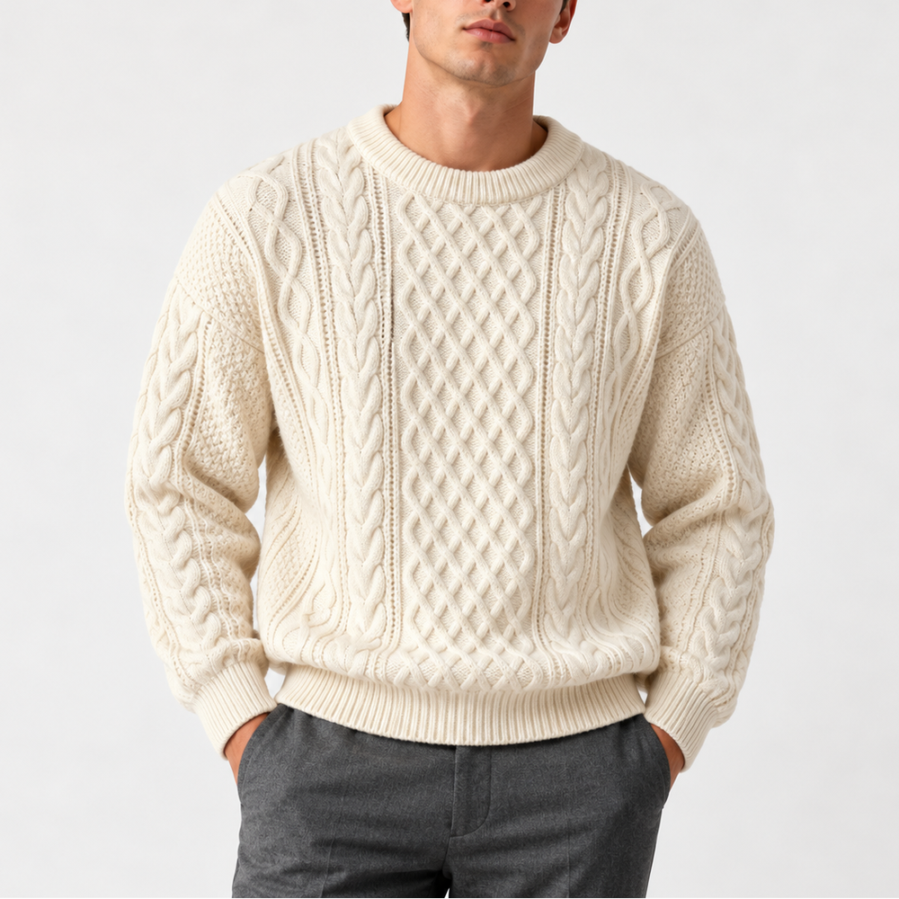 Men's Cable Knit Crew Neck Sweater - White