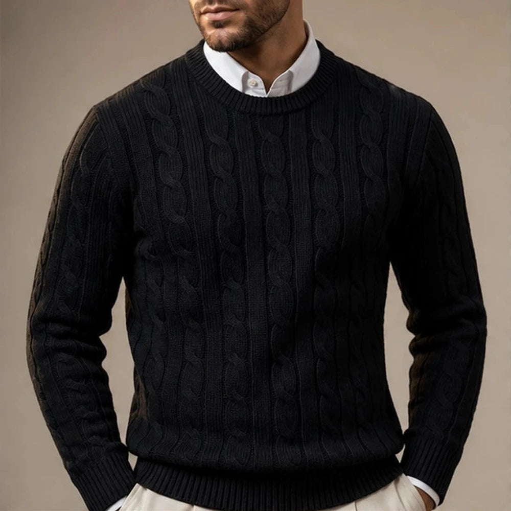 Men's Cable Knit Crewneck Sweater - Black - on model