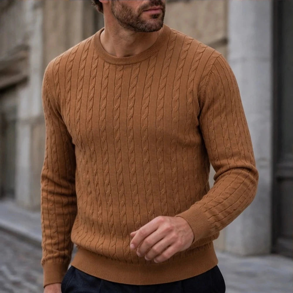 Men's Cable Knit Crewneck Sweater - Brown - on model