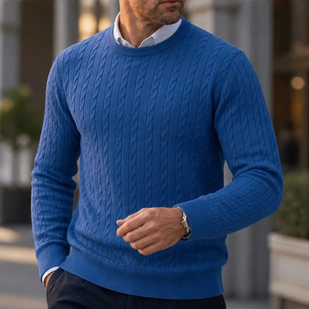 Men's Cable Knit Crewneck Sweater - Royal Blue - on model