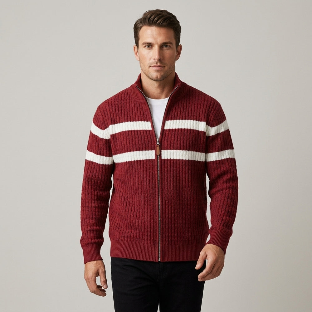 Men's Cable Knit Full-Zip Cardigan - Crimson - on model