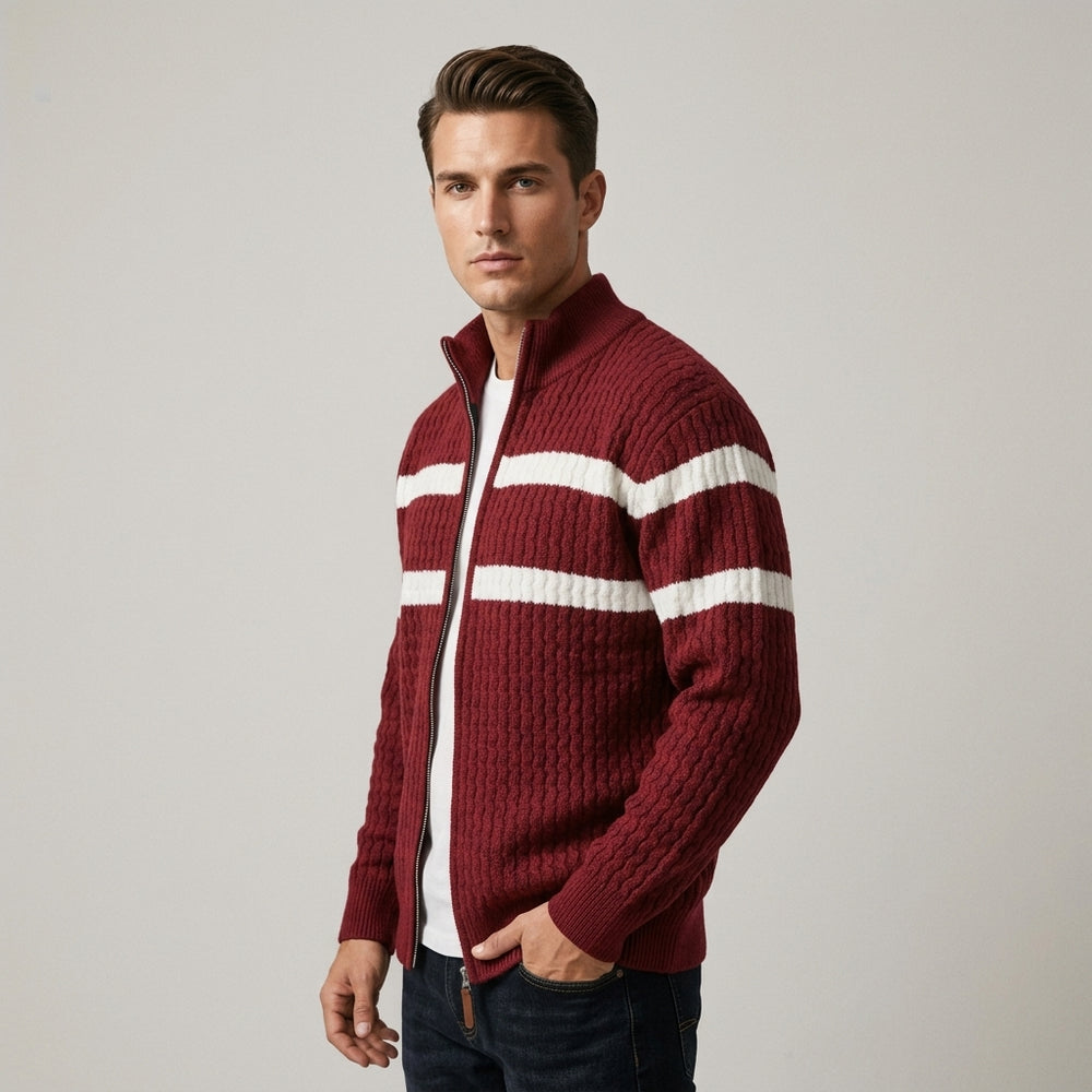 Men's Cable Knit Full-Zip Cardigan - Crimson - on model