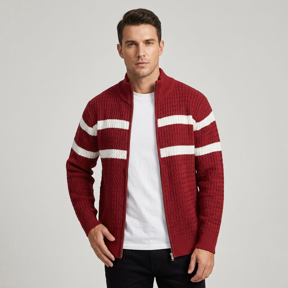 Men's Cable Knit Full-Zip Cardigan - Crimson - on model