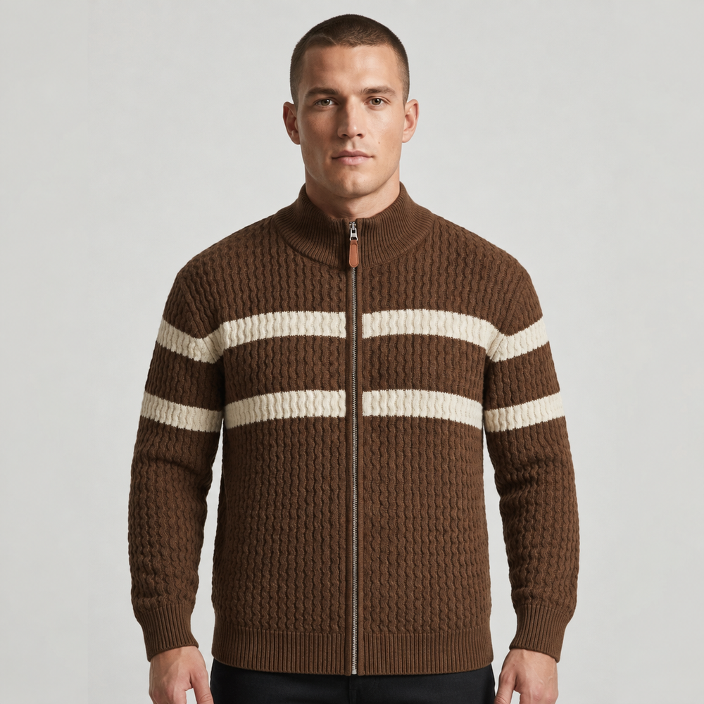 Men's Cable Knit Full-Zip Cardigan - Espresso Brown - on model