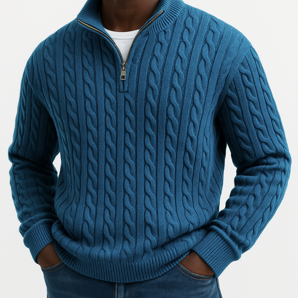 Men's Cable Knit Quarter-Zip Sweater - Blue