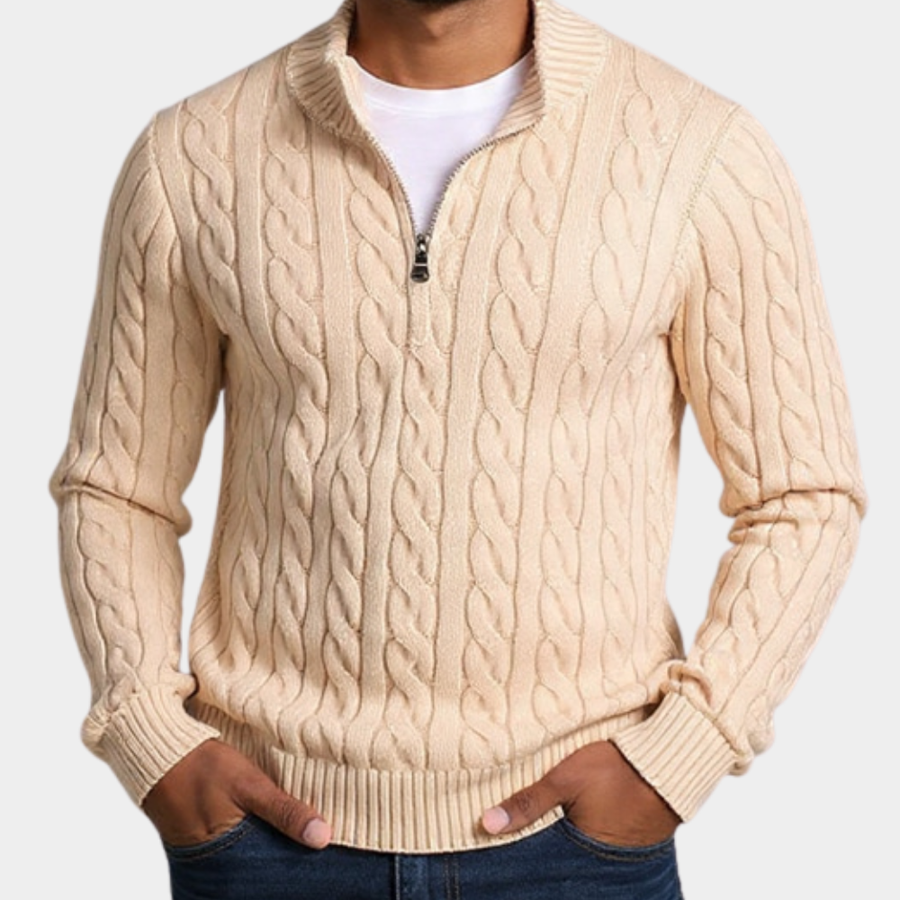 Men's Cable Knit Quarter-Zip Sweater - Khaki
